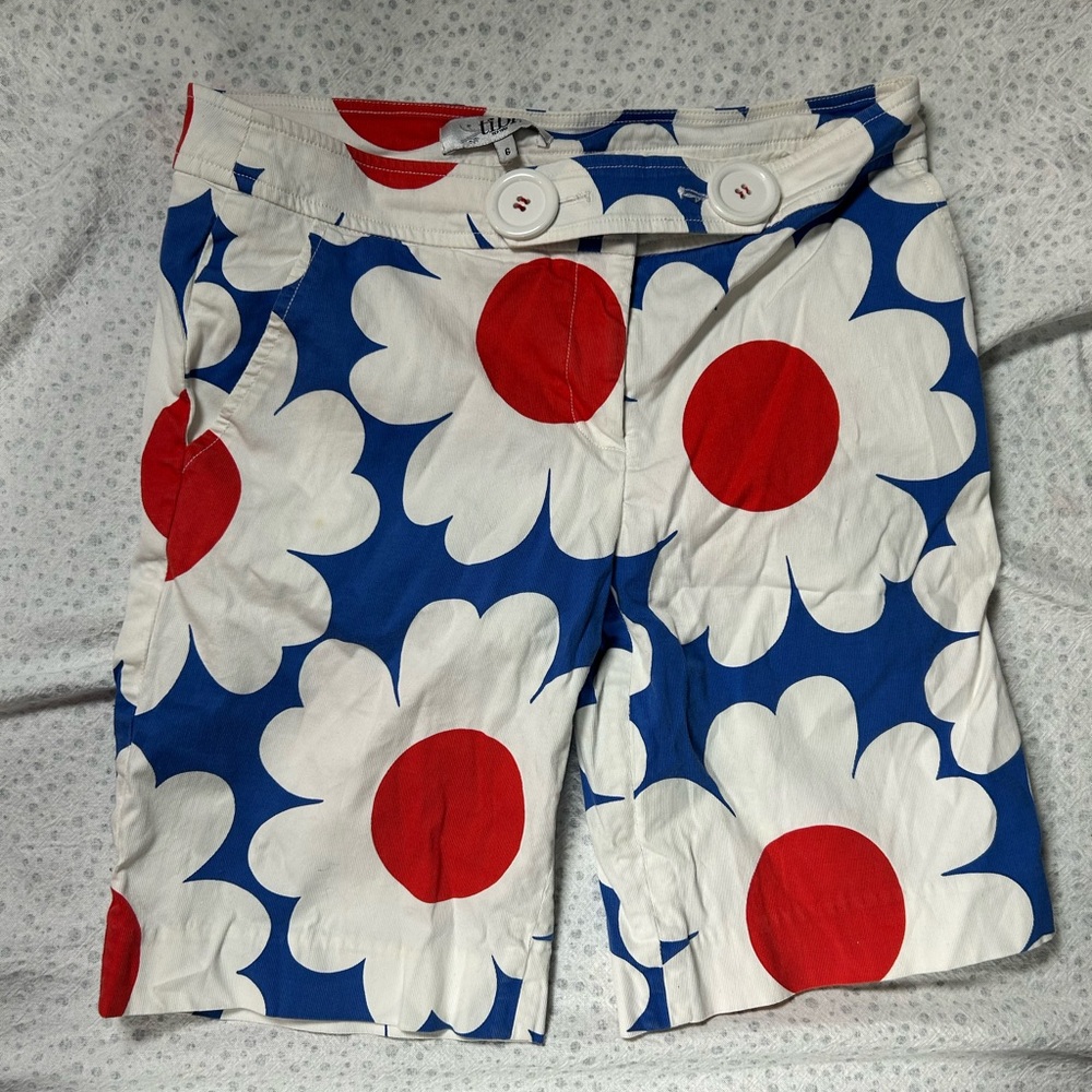 Tibi Red and Blue Floral Print Shorts